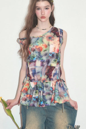 Sunflower Print Ruffle Hem Off-Shoulder Top