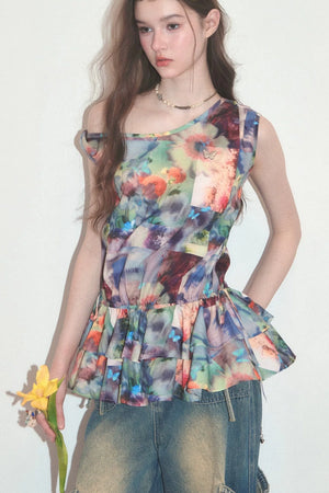 Sunflower Print Ruffle Hem Off-Shoulder Top