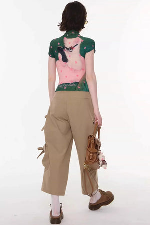 Sweet Pleated Cat Print T-Shirt
