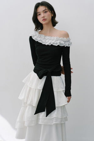 Sweet Slanted Shoulder Long-sleeved T-shirt
