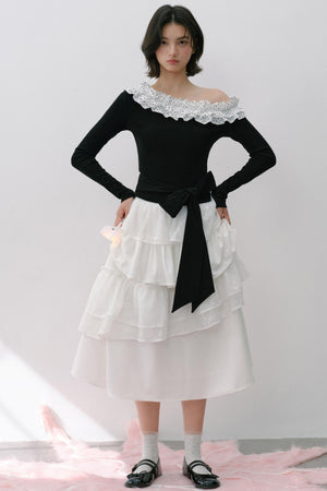 Sweet Slanted Shoulder Long-sleeved T-shirt