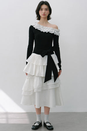 Sweet Slanted Shoulder Long-sleeved T-shirt