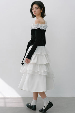 Sweet Slanted Shoulder Long-sleeved T-shirt