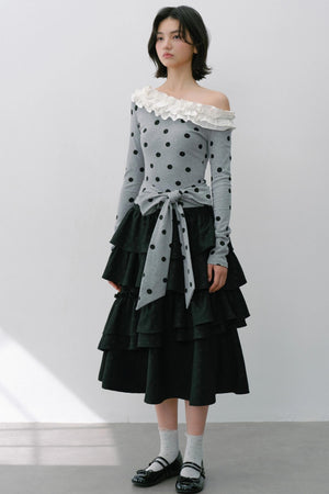 Sweet Slanted Shoulder Long-sleeved T-shirt