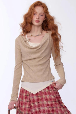 Swing Collar Fake Two Pieces Slim Top