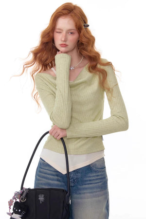 Swing Collar Fake Two Pieces Slim Top
