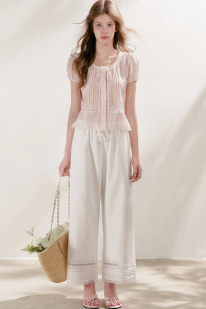 Tencel Linen Straight Leg Cropped Hollow Lace Pants