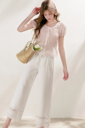 Tencel Linen Straight Leg Cropped Hollow Lace Pants