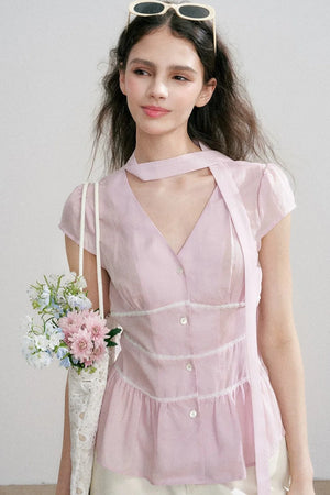 Tencel V-Neck Ribbon Blouse