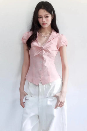 Textured Hollow-Out Tie-Up Blouse Set-Up