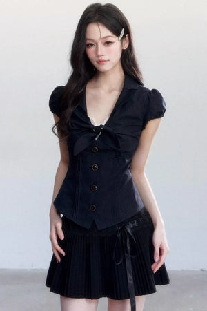 Textured Hollow-Out Tie-Up Blouse Set-Up