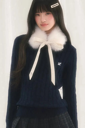 Textured Knit Sweater With Scarf Set