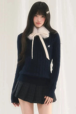 Textured Knit Sweater With Scarf Set