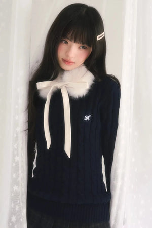 Textured Knit Sweater With Scarf Set