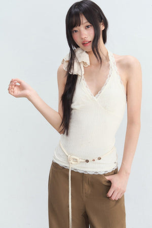 Textured Lace Halter Top And Trousers Set-Up