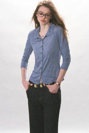 Textured Pleated Button Up Shirt