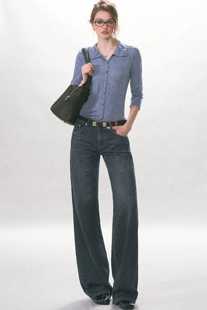 Textured Pleated Button Up Shirt