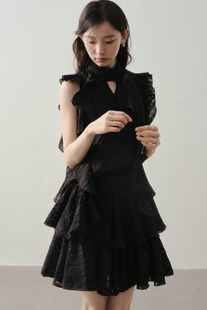 Textured Ruffle Collar Top And A-Line Skirt Set