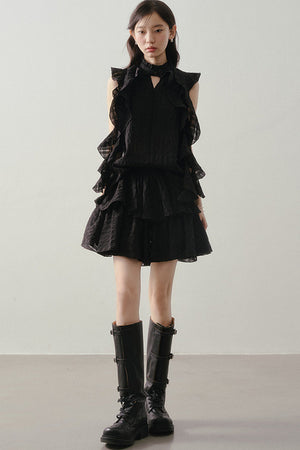Textured Ruffle Collar Top And A-Line Skirt Set