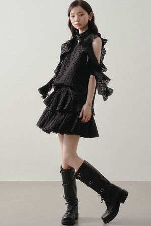 Textured Ruffle Collar Top And A-Line Skirt Set