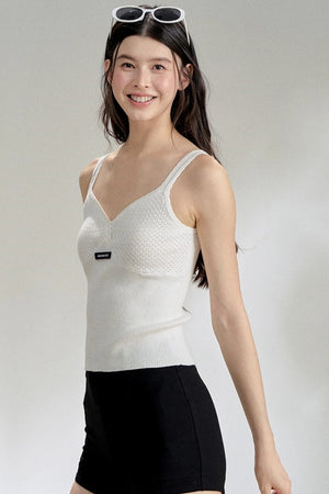 Textured White V-Neck Knitted Suspender Top