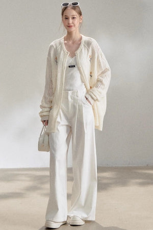 Textured White V-Neck Knitted Suspender Top