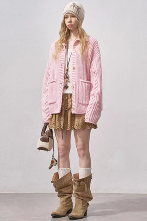 Thick Cable Knit Turtleneck Cardigan