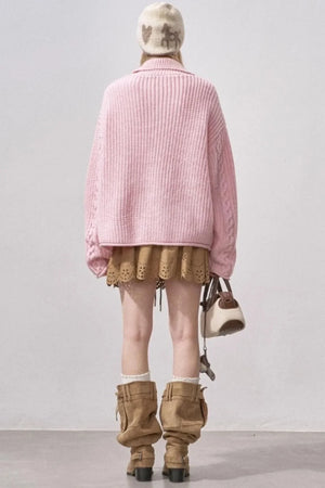 Thick Cable Knit Turtleneck Cardigan