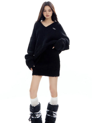 Thickened V-Neck Sweater And Slim Skirt Set