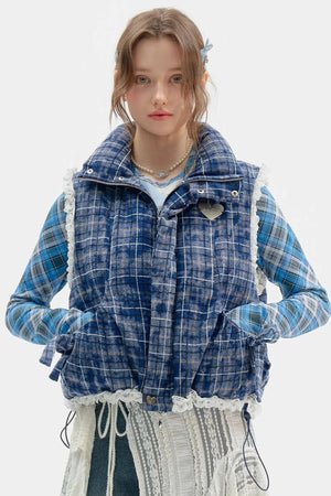 Thickened Velvet Blue Check Cotton Jacket