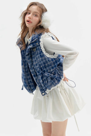 Thickened Velvet Blue Check Cotton Jacket