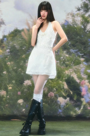 Three-Dimensional Floral Halter Dress Set-Up