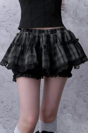 Three-Layer Gray Black Plaid Puffy Skirt