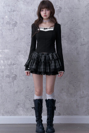 Three-Layer Gray Black Plaid Puffy Skirt
