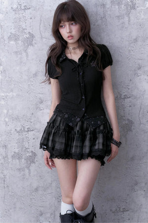 Three-Layer Gray Black Plaid Puffy Skirt