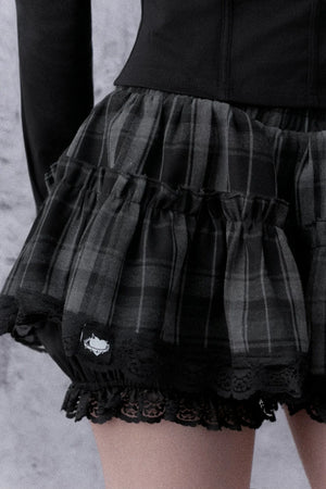 Three-Layer Gray Black Plaid Puffy Skirt
