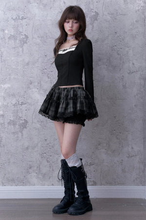 Three-Layer Gray Black Plaid Puffy Skirt