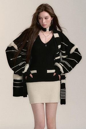 Three-Piece Sweater Cardigan Scarf Set-Up