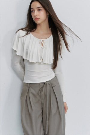 Tie-Front Ruffle Cape Long Sleeve Top