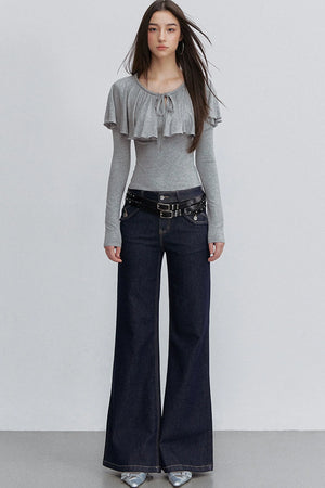 Tie-Front Ruffle Cape Long Sleeve Top