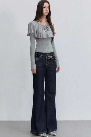 Tie-Front Ruffle Cape Long Sleeve Top