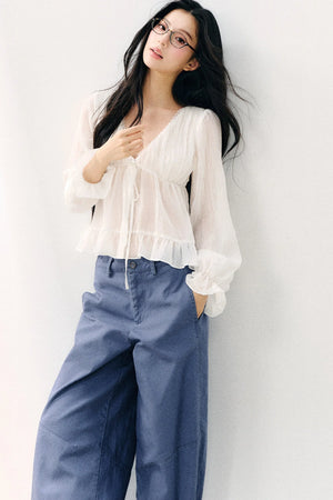 Tie Neck V-Neck Long Sleeve Ruffle Chiffon Blouse