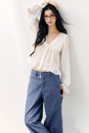 Tie Neck V-Neck Long Sleeve Ruffle Chiffon Blouse