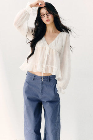 Tie Neck V-Neck Long Sleeve Ruffle Chiffon Blouse
