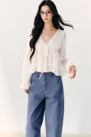 Tie Neck V-Neck Long Sleeve Ruffle Chiffon Blouse