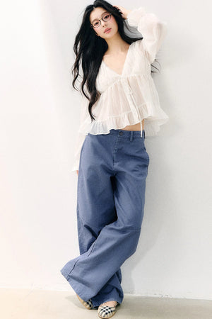 Tie Neck V-Neck Long Sleeve Ruffle Chiffon Blouse