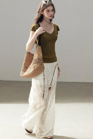 Translucent Lace Wide-Leg Pants