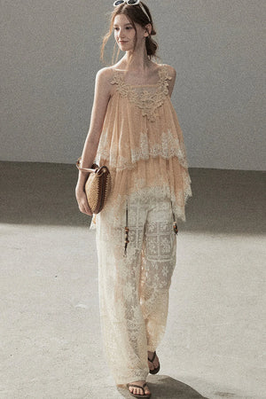 Translucent Lace Wide-Leg Pants