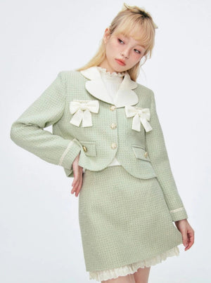 Tweed Green Suit Short Skirt Set