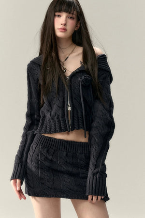 Twist Pattern Knit Sweater Jacket & Skirt Set-Up